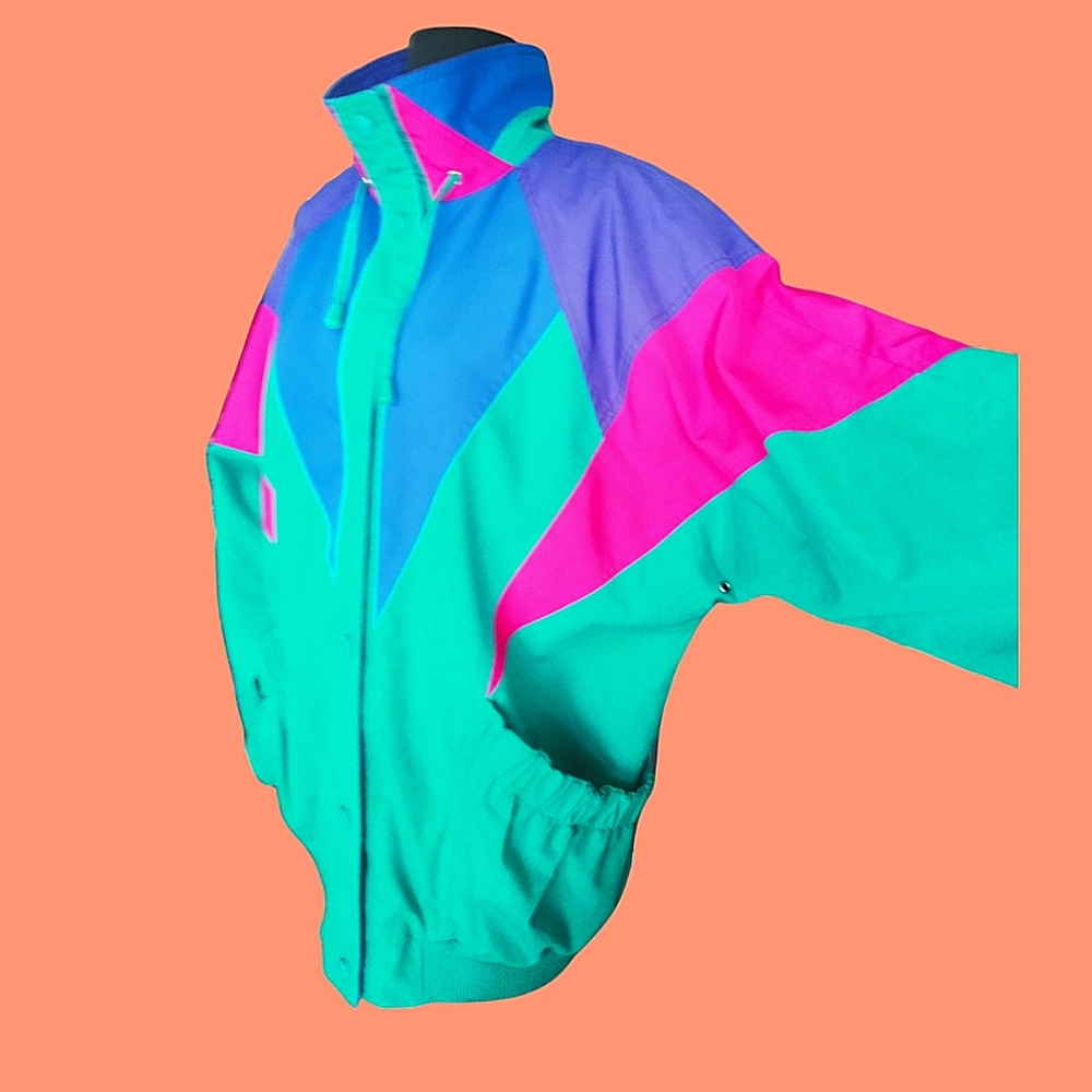 Vintage 80s 90s Womens Jacket By IZZI  Multicolored Teal Purple Pink L / XL
